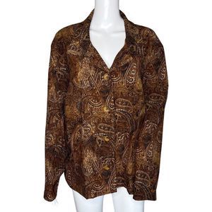 Briggs New York Shirt Womens 2X Brown Scroll Print‎ Button Up Granny Grandmacore